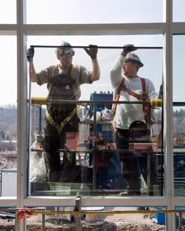 Glass work underway on McMaster Innovation Park in Hamilton, Ontario