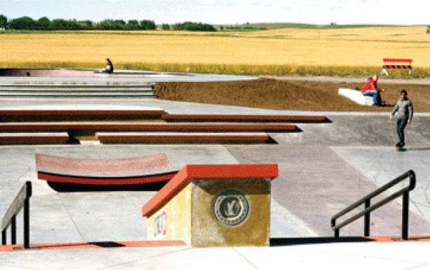 Chinook Winds Skatepark in Airdrie, Alberta features custom-coloured concrete