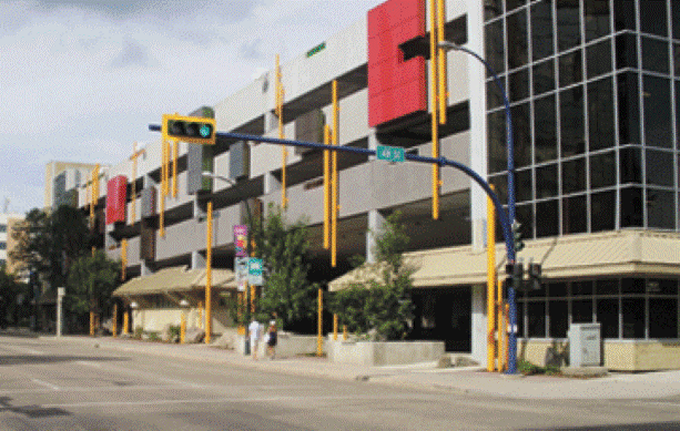 Parkade in Red Deer, Alberta an art form with a green roof