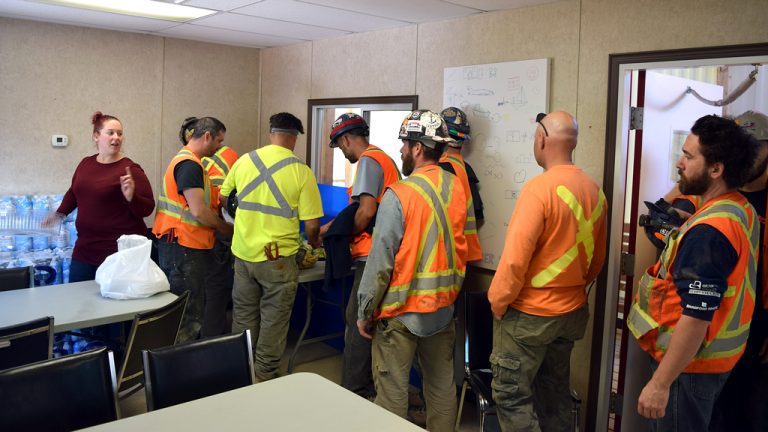 Alberici office manager Amanda McQuillin (left) welcomed workers to a Lunch and Learn at the Humber Wastewater Treatment Plant worksite in Toronto May 8.
