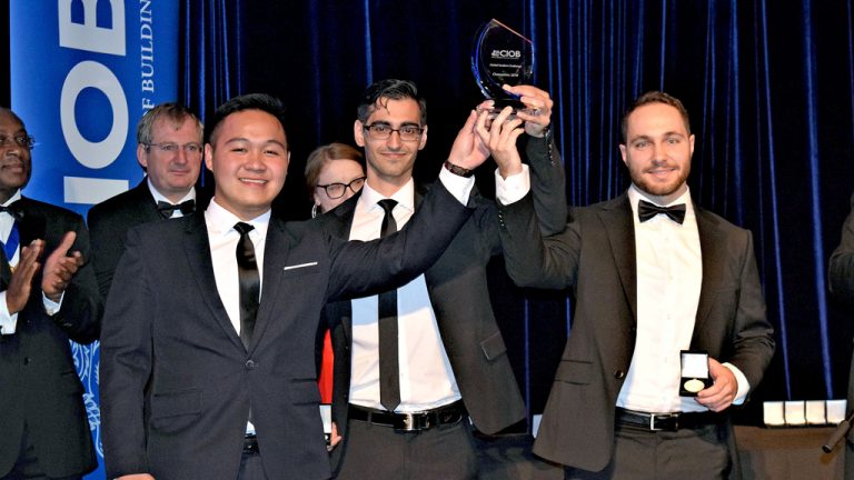 A team from George Brown College in Toronto was announced as the winner of the Chartered Institute of Building (CIOB) Global Student Challenge competition during the CIOB president’s dinner held in the city July 12. It was the first time a Canadian team has won. Pictured from left are Lucas Dang, Mike Lino and Nicholas Lourenco.
