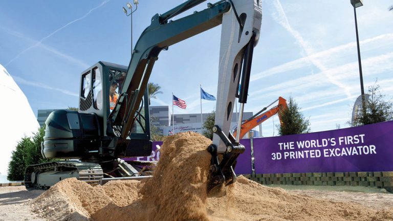 The world’s first-ever 3-D printed excavator project, dubbed Project AME (Additive Manufactured Excavator), was produced at the U.S. Department of Energy’s manufacturing demonstration facility at the Oak Ridge National Laboratory in Tennessee. The first time the hydraulic arm was used to actually dig into the dirt was at the live demonstration onsite at the CONEXPO show in Las Vegas.
