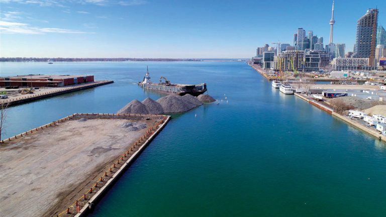 Lakefilling operations that began last December form the foundation of the future Promontory Park at the western edge of Villiers Island in Toronto.