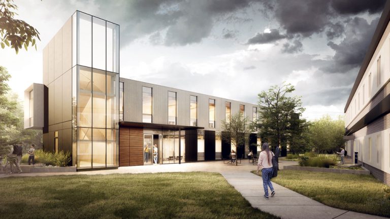 A three-storey prefabricated steel building at the University of Toronto — Mississauga will house campus police services, hospitality and retail operations on a busy pedestrian artery of the university.