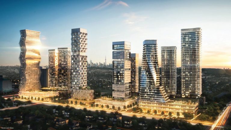 The first of 10 condo towers planned for the M City development in Mississauga from Rogers Real Estate Development Limited, depicted on the far left in this illustration, will be constructed over a four-year period in a downtown Mississauga neighbourhood that already includes the city’s Celebration Square, Living Arts Centre and Square One shopping centre.