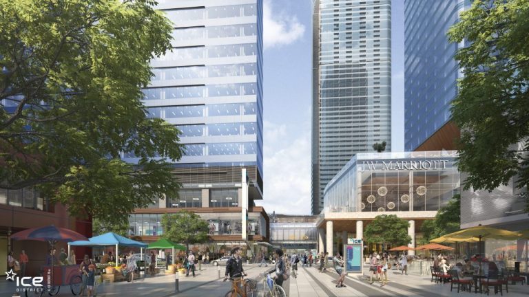 A rendering shows Edmonton’s ICE District plaza. The 50,000-square-foot plaza, once complete next year, will be able to host up to 8,000 people and will be open and programmable year-round.