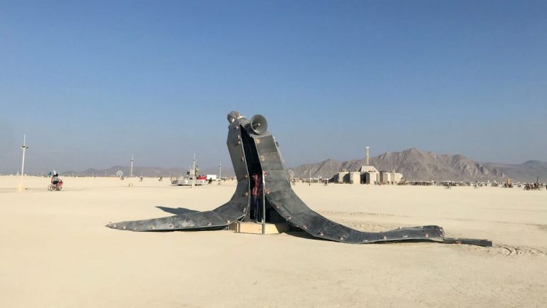 B.C. artist Natali Leduc created a 3,500-pound riveted steel banana peel for this year’s Burning Man festival in Nevada’s Black Rock Desert.