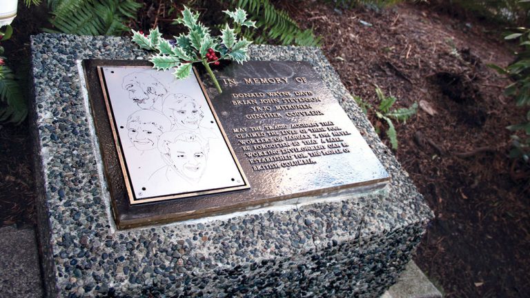 A memorial plaque commemorates the lives cut short on Jan. 7, 1981 when a fly form collapsed and four workers fell to their deaths from the Bentall IV tower in downtown Vancouver.