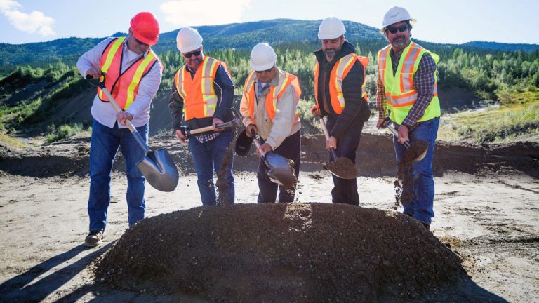 Early works construction of the Eagle Gold mine started in August 2017. Pictured, from left, Marty Rendall, Victoria Gold CFO, John McConnell, Victoria Gold president and CEO, Simon Mervyn, Nacho Nyak Dun chief, Yukon Premier Sandy Silver and Mark Ayranto, Victoria Gold EVP.