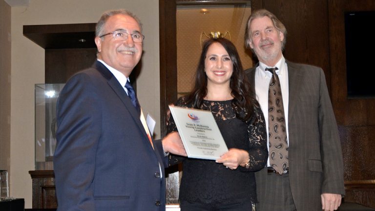 The Toronto Construction Association (TCA) recently presented the Best of the Best Awards, recognizing excellence in the industry. The Sean P. McKenna YCL (Young Construction Leaders) Leadership Award was presented to Nicole Bigioni of Blackstone Paving and Construction Ltd. The award was presented by TCA chair Albert Salvatore and TCA president John Mollenhauer.