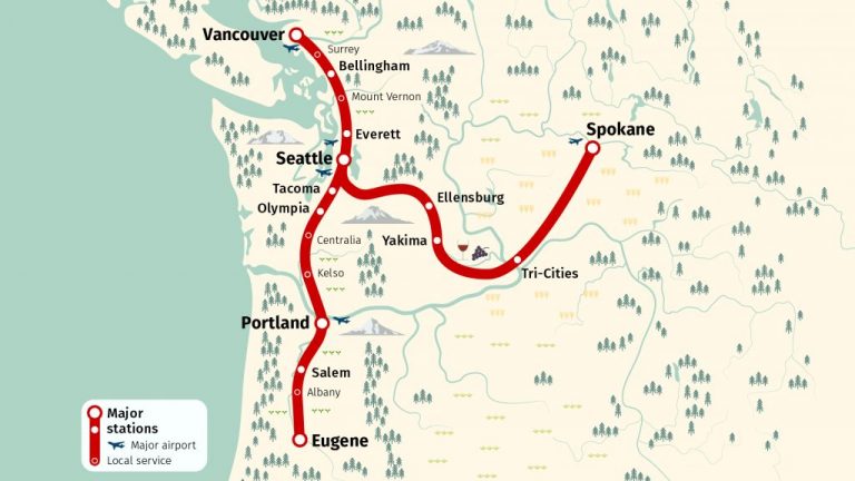 A graphic shows possible routes for a high-speed rail system connection Vancouver, Seattle and Portland. A new study evaluating the project funded by Washington State, Oregon and B.C. is expected to be released this summer.