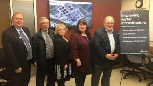 From left, Mayor Jim Wood of Red Deer County, Deputy Mayor Frank Wong from the City of Red Deer, MLA Barb Miller, MLA Kim Schreiner and Minister of Transportation Brian Mason. The province recently announced nearly $50 million in funding to upgrade wastewater treatment in Red Deer.