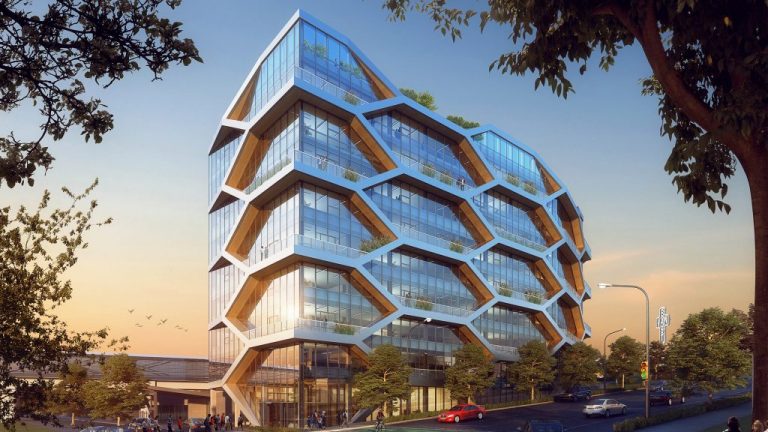 A rendering shows Nature’s Path Foods’ future 10-storey headquarters. The mass timber building will feature a cellular design with enough space to accommodate 2,000 employees as the company grows.