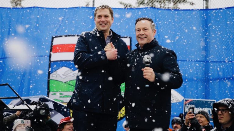 Alberta Premier-elect Jason Kenney (right) campaigns with federal Conservative Party Leader Andrew Scheer in Calgary days before winning the election. Kenney defeated incumbent Rachel Notley and will take office later this month.