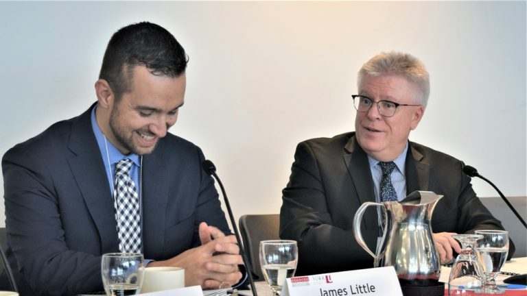 Construction lawyers James Little (left) and Bruce Reynolds share a light moment during a discussion of the ramifications of adjudication decisions at a recent Osgoode Professional Development panel session held in Toronto.