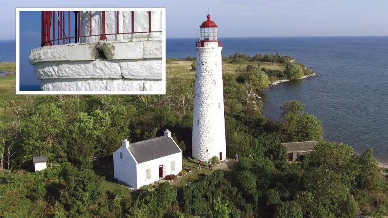 An aerial view of a lighthouse at Chantry Island in Lake Huron, Ont. along with an inset of damage, taken from a drone of PJ Materials Consultants Ltd. in Guelph, Ont.