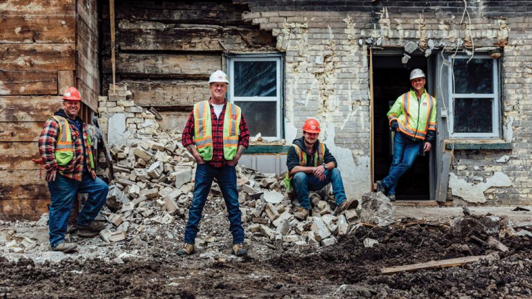 Priestly Demolition staffers getting screen time in Salvage Kings include (from left) foreman Justin Fortin, head of salvage Ted Finch, junior salvager Julien Savage and president Ryan Priestly.