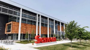 Construction is now complete on the $100-million Centre for Innovation, Technology and Entrepreneurship at Seneca’s Newnham campus in Toronto. The project was designed by Perkins and Will.