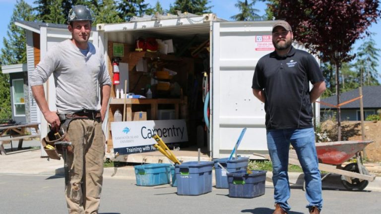 Vancouver Island University carpentry instructors Joe Blain and Cam Frenette get ready for students at a KSG Consulting Ltd. homebuilding worksite in Nanaimo, B.C.
