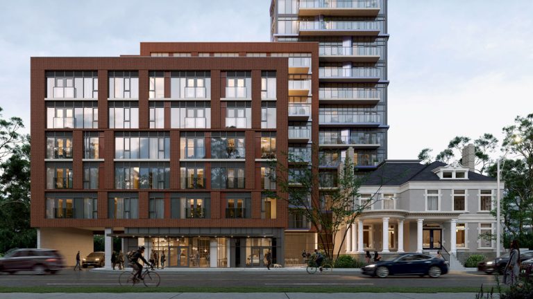 The podium component at Toronto’s JAC Condos will have two sections, one a complete new build clad in brick and featuring the building lobby, fireside lounge and a gallery space, and the other a restored heritage house that retains the original north and east facades of the 1902 building, with the rest being rebuilt.