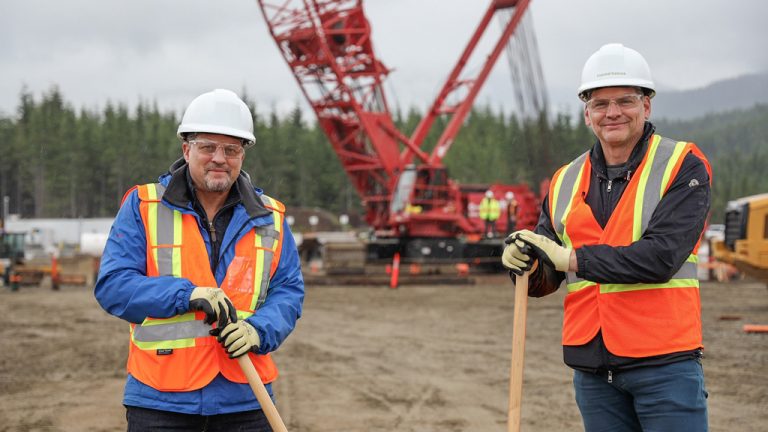 District of Kitimat Mayor Phil Germuth (left) and Coastal GasLink president David Pfeiffer, broke ground at the project’s Kitimat Meter Station. The station is one of two compressor and metering stations that will become the anchor points of the natural gas pipeline.