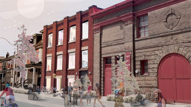 The new Stella’s Place is now under construction on Wolseley Street in Toronto, directly adjacent to Theatre Passe Muralle (pictured at right).