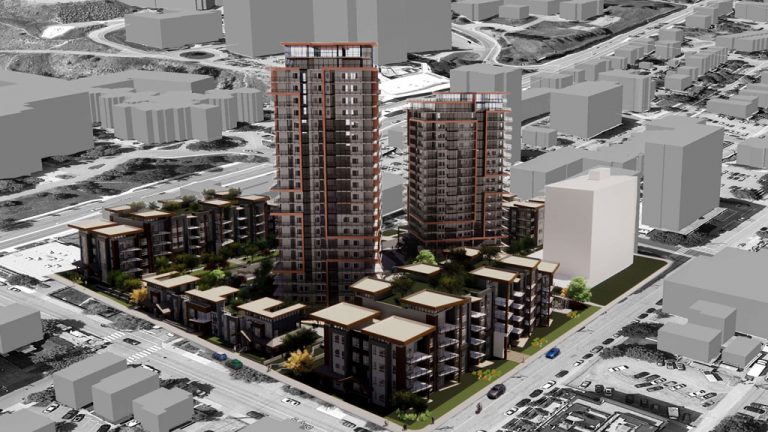 Kelson Group is looking to develop a $140-million residential development that would transform a one-and-a-half block of land in downtown Kamloops, B.C. The plan calls for a 22-storey and 18-storey tower, three four-to-five-storey apartment buildings, and six townhomes on the 3.5-acre parcel of property.