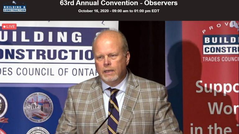 Canada’s Building Trades Unions executive director Sean Strickland addressed board members of the Provincial Building and Construction Trades of Ontario assembled in Toronto Oct. 16.