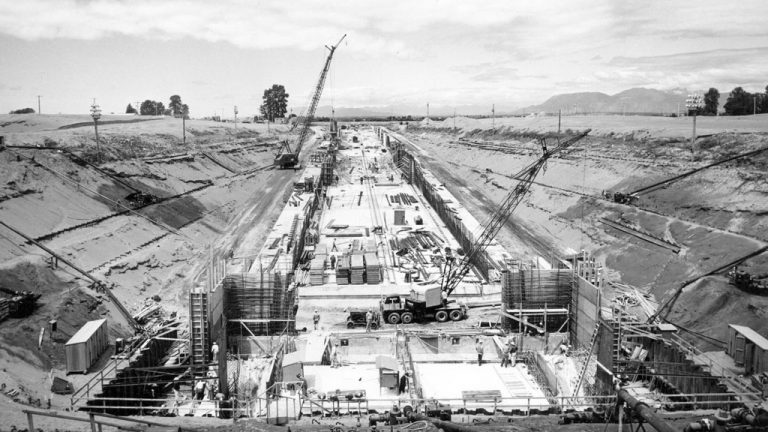 Crews work on the George Massey Tunnel in the 1950s. The aging tunnel is now a key point of the contention in B.C.’s upcoming election.