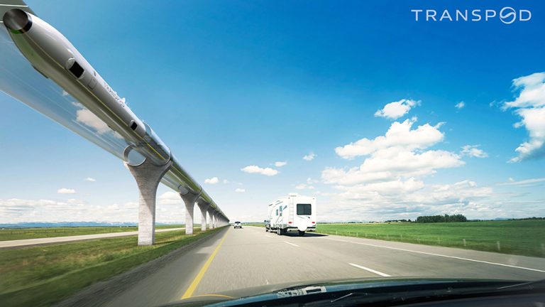 A rendering shows a hyperloop system being planned to run between Calgary and Edmonton.