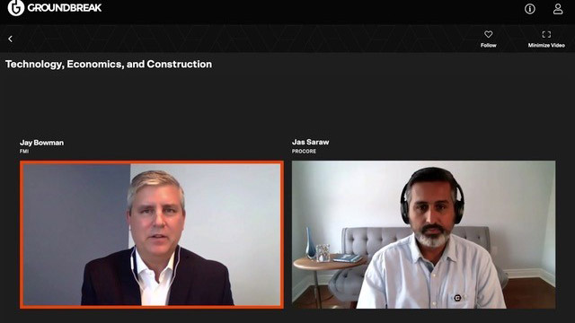 FMI Corporation principal and managing director of research Jay Bowman (left) and Procore Technologies Canada vice-president Jas Saraw presented the Technology, Economics and Construction session at Procore’s recent Groundbreak virtual conference.