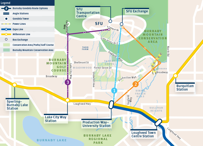 A map shows three potential routes for the proposed Burnaby Mountain Gondola project that is being considered by TransLink.
