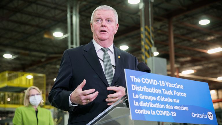 Retired general Rick Hillier was the keynote speaker for this year’s Canadian Construction Association conference. He is pictured here during a tour of pharmaceutical distributor McKesson Canada’s facility in Brampton, Ont. when he was part of the COVID-19 Vaccine Distribution Task Force.