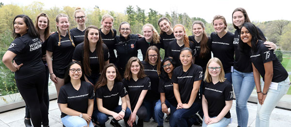 A group of engineering students pose for the camera at Carleton University in Ottawa. The school's new program to encourage women to go into engineering and information technology careers is gaining more support from government and industry. 