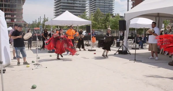 The ceremony launching construction of Toronto’s new Indigenous Hub featured First Nations drummers Young Creek and four fancy-shawl dancers.