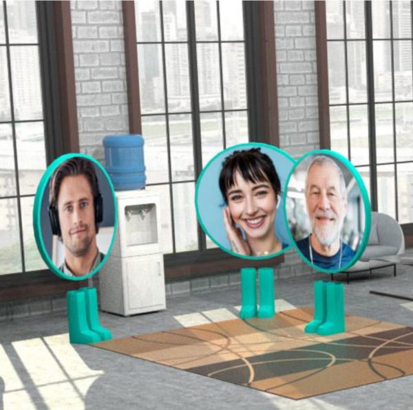 The faces of participants in a Bublr video conversation can be seen as a movable avatar. Bublr creates a customizable virtual space where employees can gather spontaneously, such as the staff lounge in the real life office.