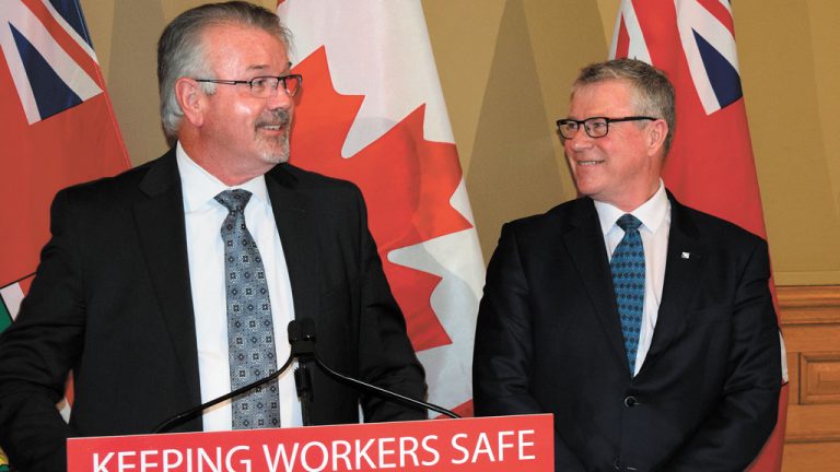 Former Minister of Labour Kevin Flynn (left) introduced new provincial Chief Prevention Officer (CPO) Ron Kelusky at Queen’s Park March 7, 2018. Since then, Kelusky has made several strides trying to improve health and safety in construction and other sectors. He wrapped up his final active week in the CPO’s office July 23 as he is retiring.