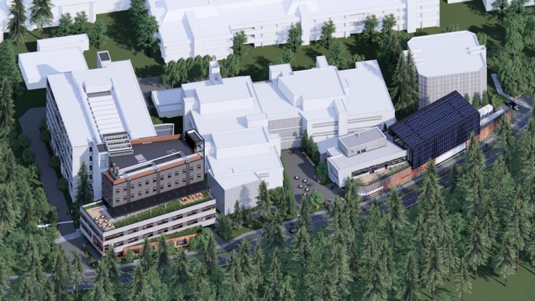 An aerial view rendering shows the future expansion of the University of Victoria’s Engineering and Computer Science Buildings.