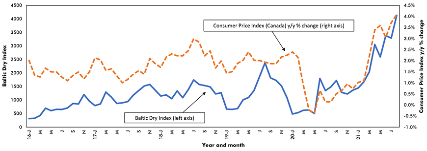 Baltic Dry Index vs Y/Y% change in the Consumer Price Index (°ϲʿ2023) Chart