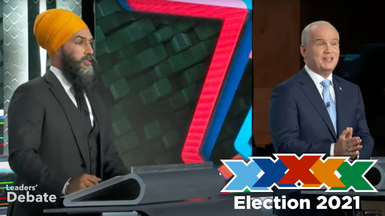 NDP Leader Jagmeet Singh and Conservative Leader Erin O’Toole spar during election debate Sept. 9.