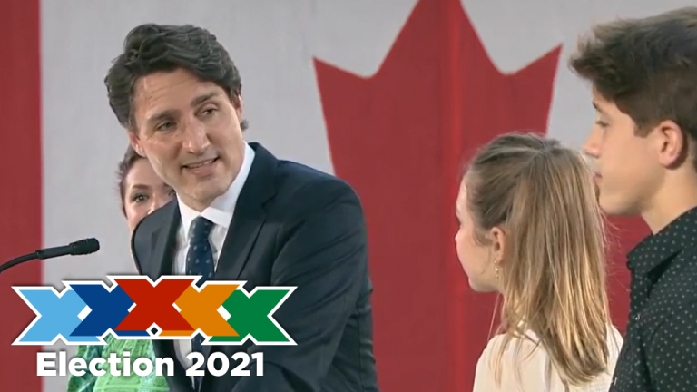 Justin Trudeau was re-elected following the Sept. federal election. The Liberals will once again form a minority government. Pictured, Trudeau addresses his kids during a speech on election night.