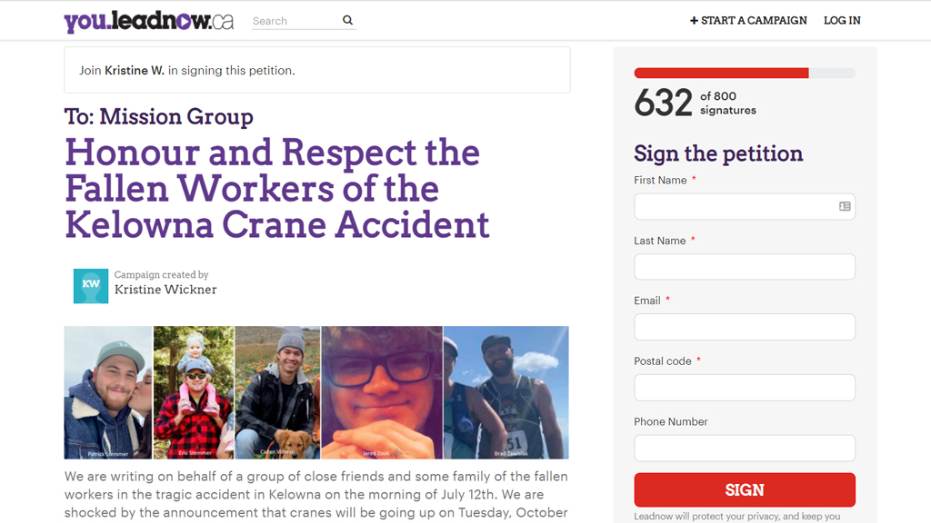 Petition calls for work at site of Kelowna crane tragedy to halt immediately