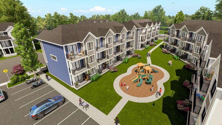 A rendering shows a new townhouse community being planned for southwest Edmonton by Q4 Architects and Avana. A portion of the project's units will be designated as affordable housing for women and child victims of domestic violence.