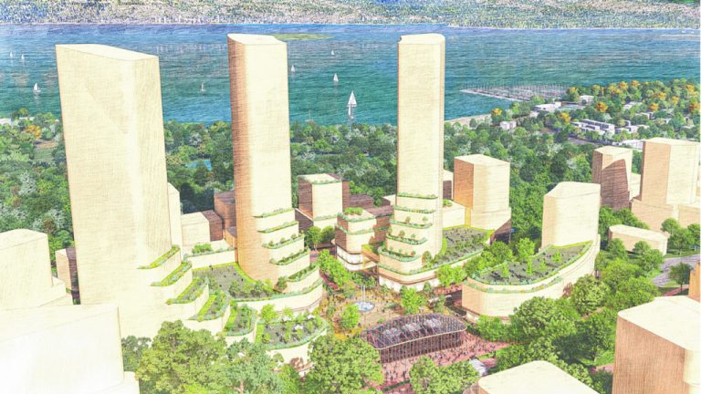 A rendering shows the “sentinel” buildings that would be part of plans to develop Vancouver's Jericho Lands. Each of the three buildings represents a different First Nation involved in the development.