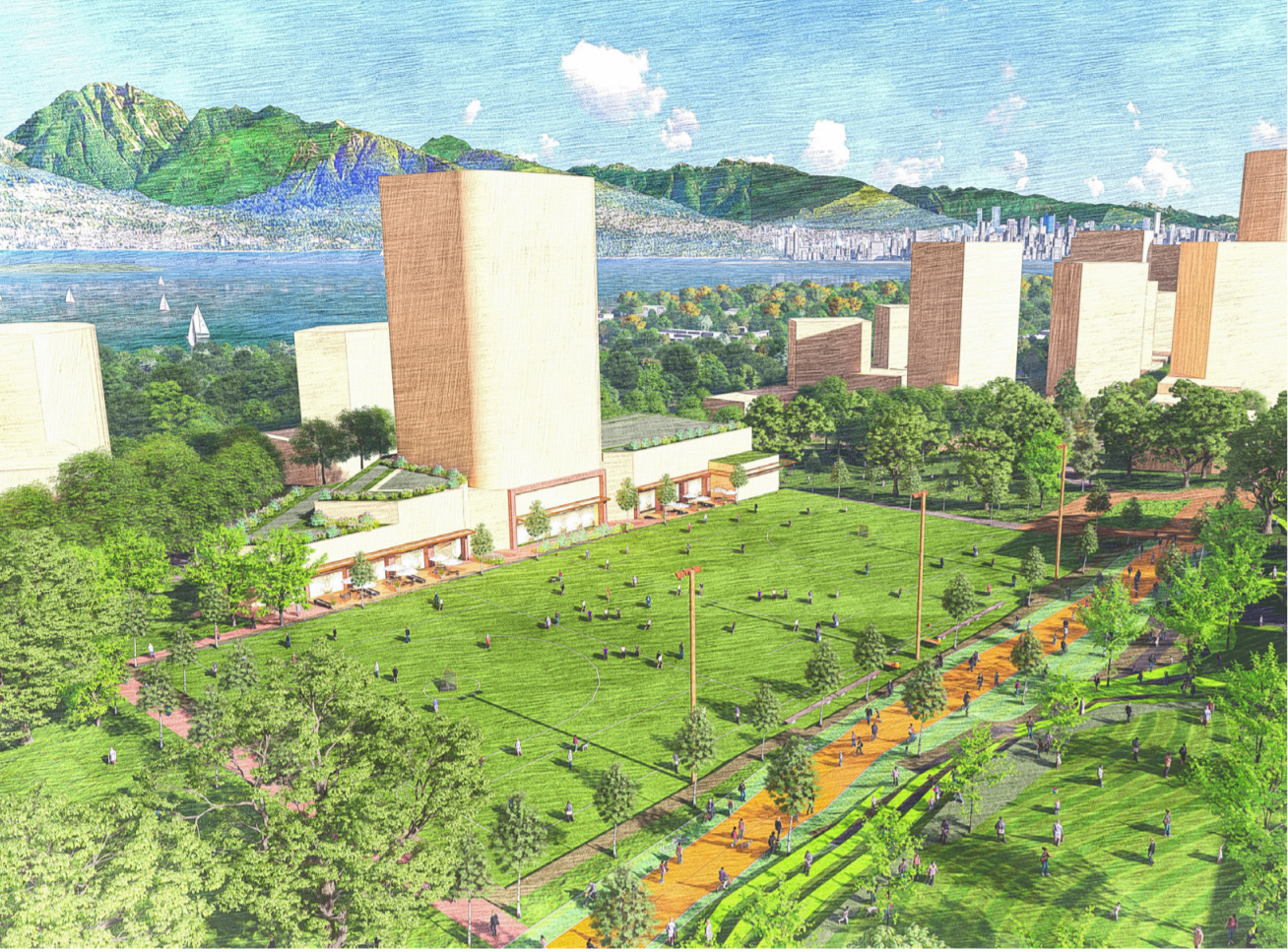 A rendering highlights some of the amenities that would be part of the community “hearts” proposed for Vancouver's Jericho Lands.