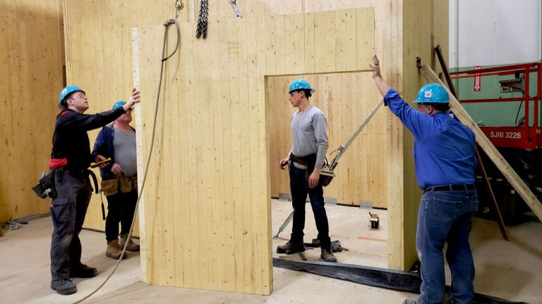 Pictured are mass timber construction students in training at the College of Carpenters and Allied Trades (CCAT) in Woodbridge, Ont. Because of demand the CCAT is offering a four-week course for workers in assembly and erection this November. Students in the course either have extensive experience in construction or are third- or fourth-year apprentices. Among the companies sending workers are PCL Construction and EllisDon.