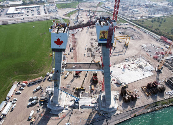 Pictured are lower section pylons rising on the Gordie Howe bridge tower which rises between Windsor, Ont. and Detroit, Mich.