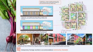 The Temporary Foreign Worker Communities project was one of the projects selected for the Shift 2021 Architecture Resiliency Challenge. The team consists of Lyn Stratford, Ideation, Jordan Lambie, urban design planner and Gordon Stratford, architect, G C Stratford Architect and the project focuses on providing accommodations for temporary foreign workers that are centred around health and wellbeing.