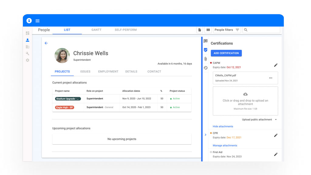 A screen shot shows new certification tracking features that have been added to Bridgit Bench, a workforce management platform. 