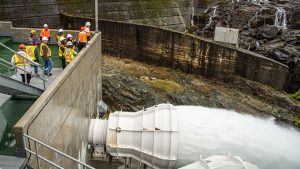 Visitors take a look at the new low level outlet facility below the John Hart Dam, after the completion of a generating station replacement project in 2019. BC Hydro is now embarking on a new massive upgrade to the facility that will update its seismic resilience.